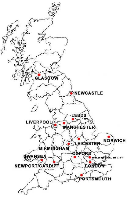 Map showing geographical locations of centres that participated in UKFSST study: Glasgow, Newcastle, Leeds, Liverpool, Manchester, Norwich, Leicester, Birmingham, Oxford, Welwyn Garden City, Swansea, Newport/Cardiff, London, Portsmouth.